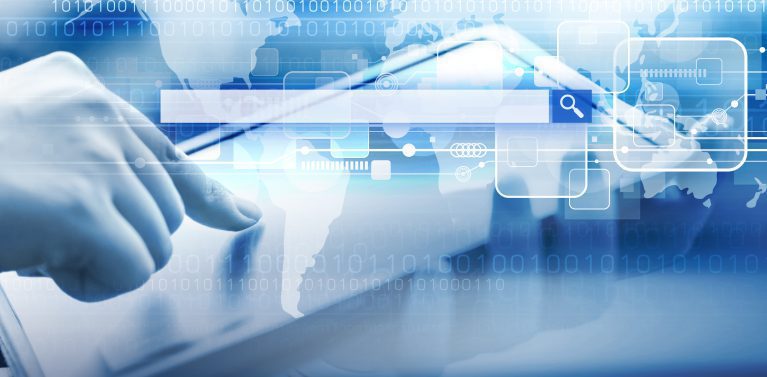 image of a search bar with blue details of a hand using an iPad.