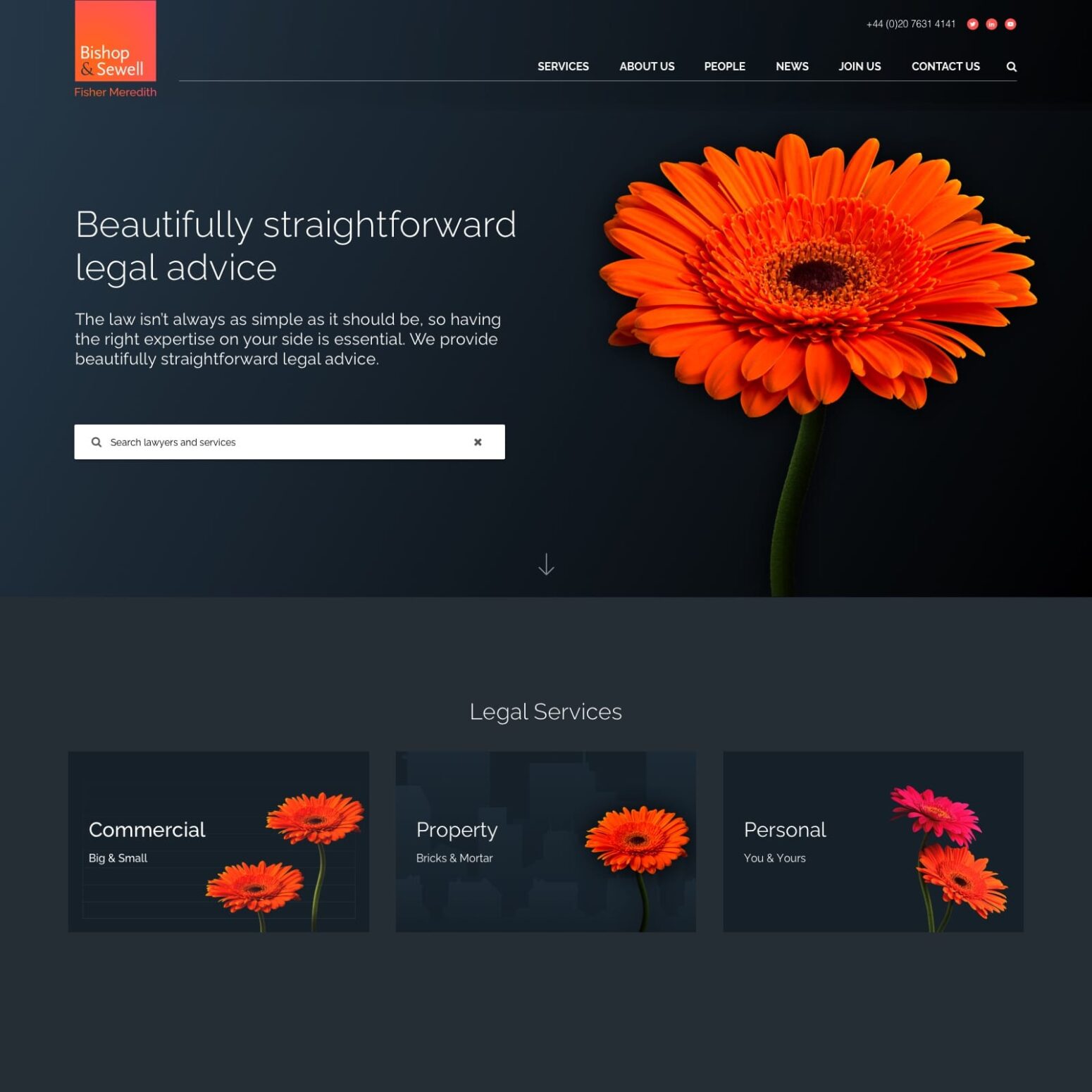 Bishop & Sewell website page shows a dark background with a large orange flower to the right of the page. To the left of the flower is a heading reading "Beautifully straightforward legal advice.
