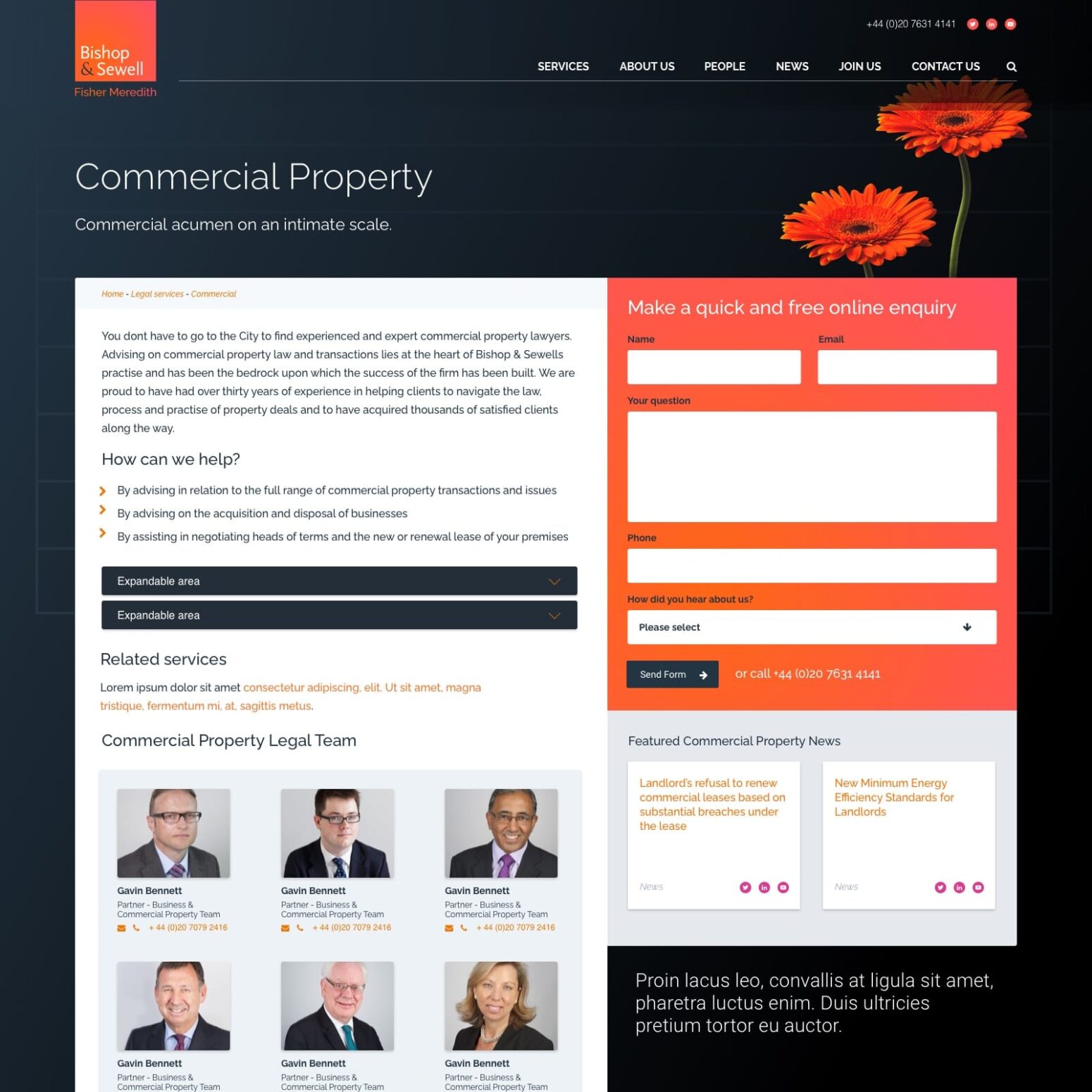 An image of the Bishop & Sewell Commercial Property page. This shows a dark background colour with orange flowers. White text boxes show 'how we can help' areas and photo of the teams. An orange box to the right of the page shows an enquiry from with a 'send form' button