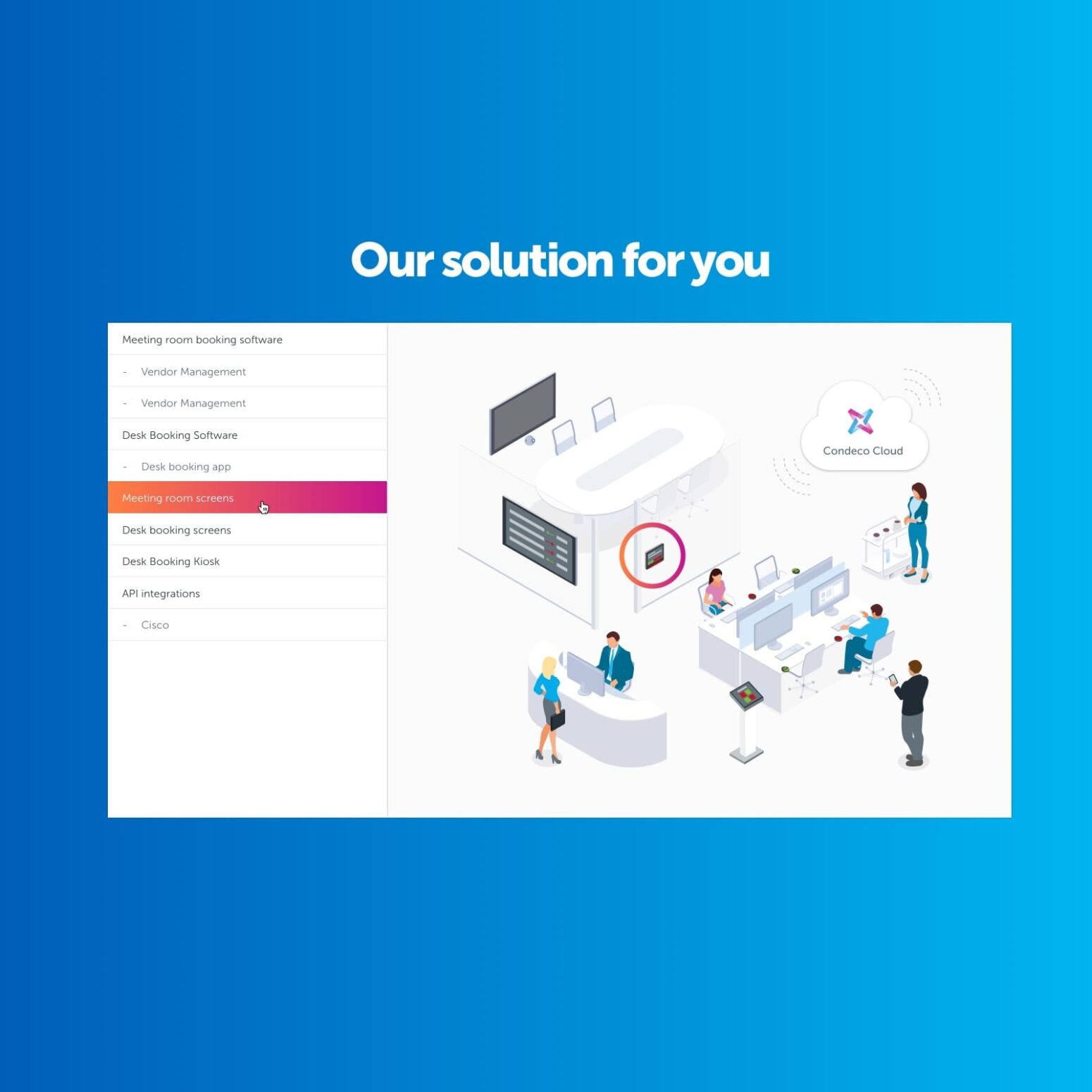 This image shows a product solutions page from Condeco, displayed against a blue gradient background. The page is titled "Our solution for you" at the top in white text.