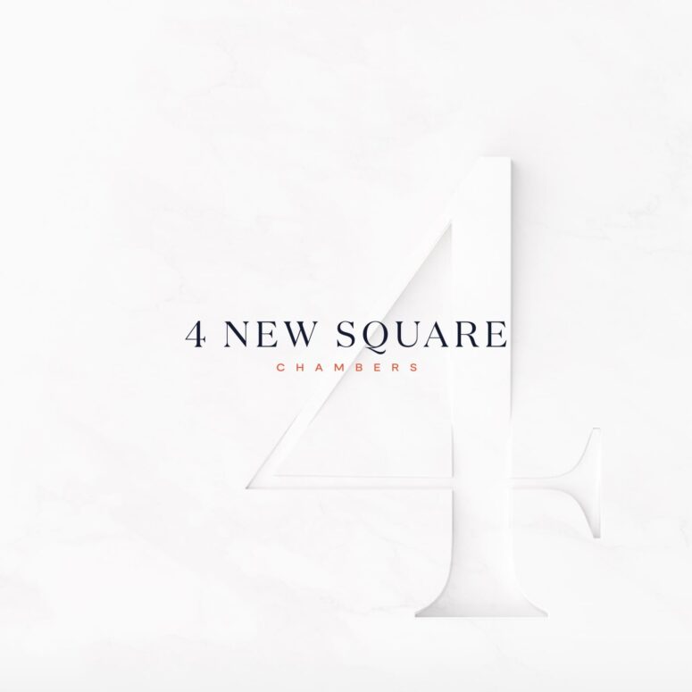 4 New Square website logo showig the number 4 engraved into the white background. The wording 4 New Square sits over the background in navy, with the word chambers in orange beneath.