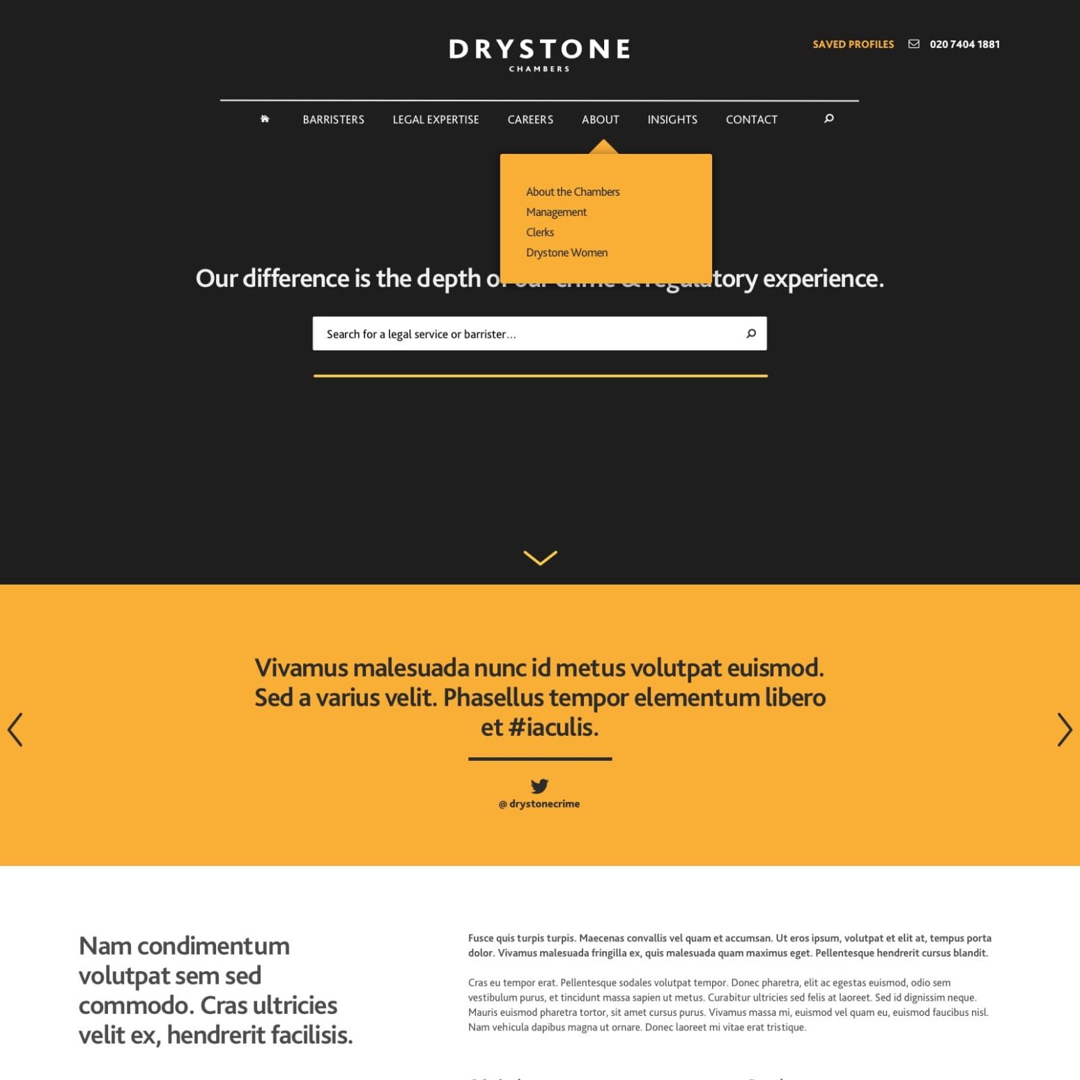 This image shows the homepage of Drystone Chambers, a legal chambers website. At the top is the Drystone Chambers logo. The main navigation menu includes links for BARRISTERS, LEGAL EXPERTISE, CAREERS, ABOUT, INSIGHTS, and CONTACT, with a search icon. A dropdown menu is visible under the ABOUT section showing options for "About the Chambers," "Management," "Clerks," and "Drystone Women."