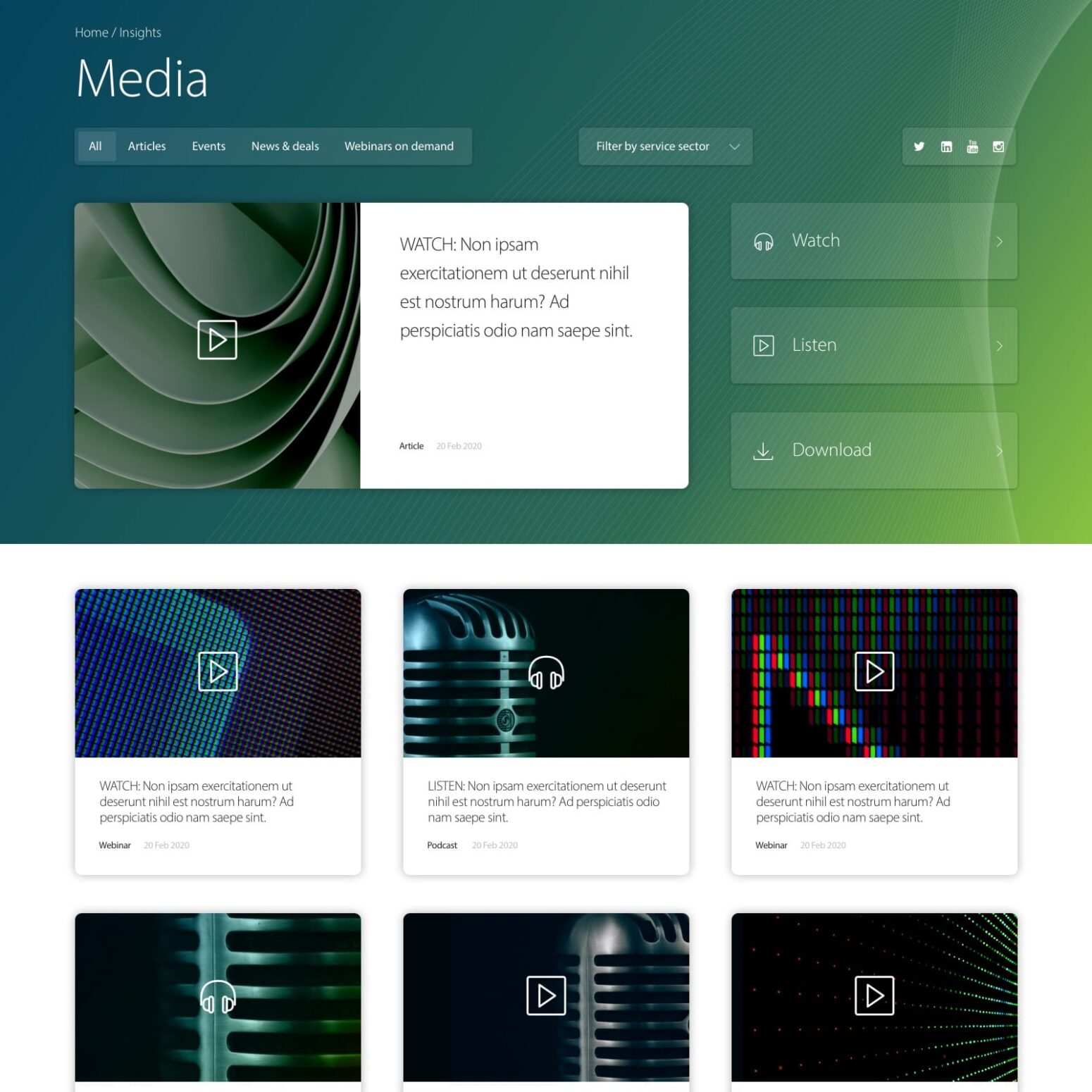 Screenshot of the Media page of the Fox Williams website. The image shows various webinar and podcast episodes displayed in square boxes each with their own abstract image