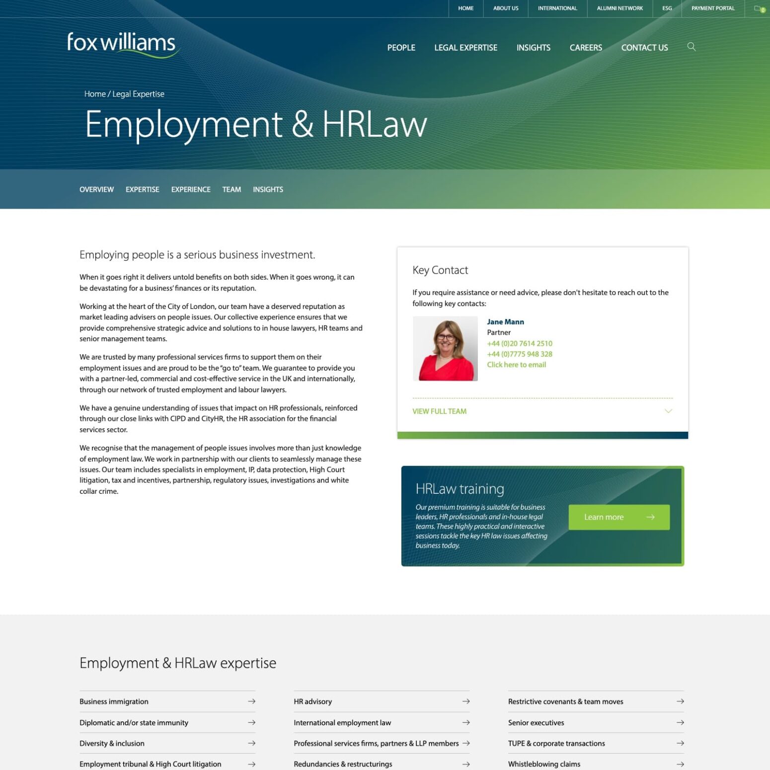 Screenshot from the Employment & HR Law page of the Fox Williams website. This page shows a green and blue gradient background in the banner followed by a heading that reads 'Employing people os a serious business investment'. To the left of the informative text is key contact info and an image of Jane Mann