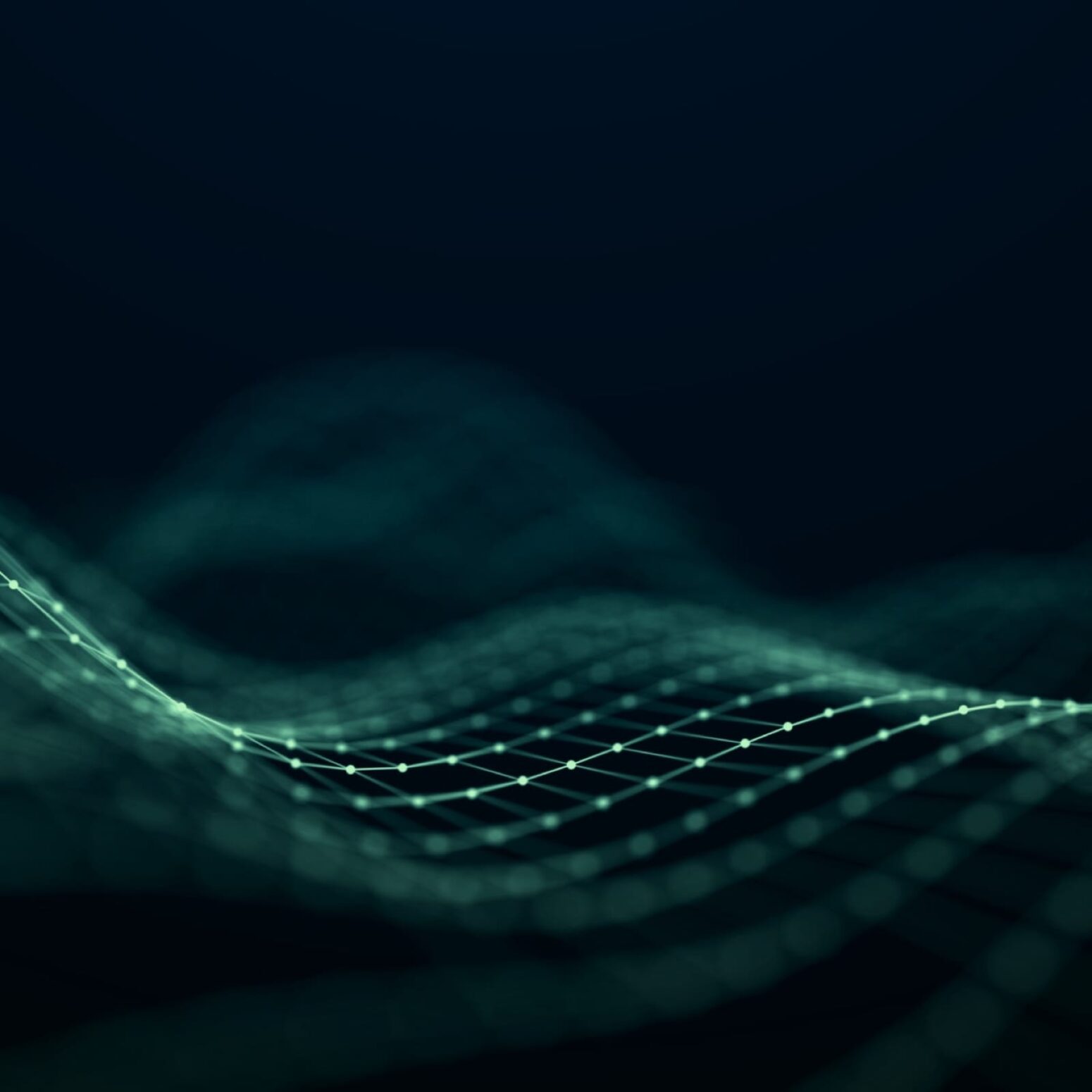 Abstract 3D grid of glowing green lines and dots forming a wave-like surface against a dark background.