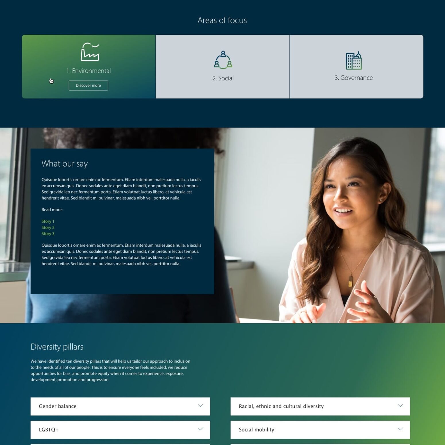 An image of the Fox Williams 'areas of focus' section of the website showing green and blue background colours. An image of a young lady sitting at a desk is in the centre of the page