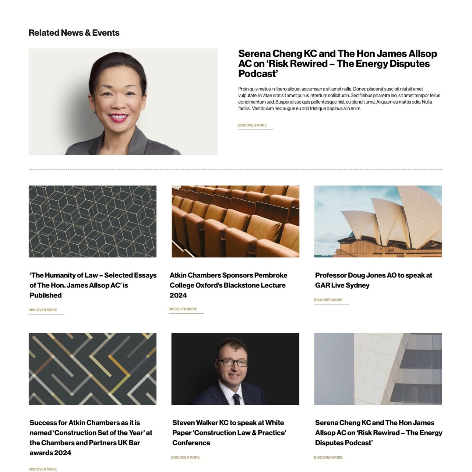 Atkin Chambers Related news and Events website page showing 7 recent posts each with an image and title of the post.