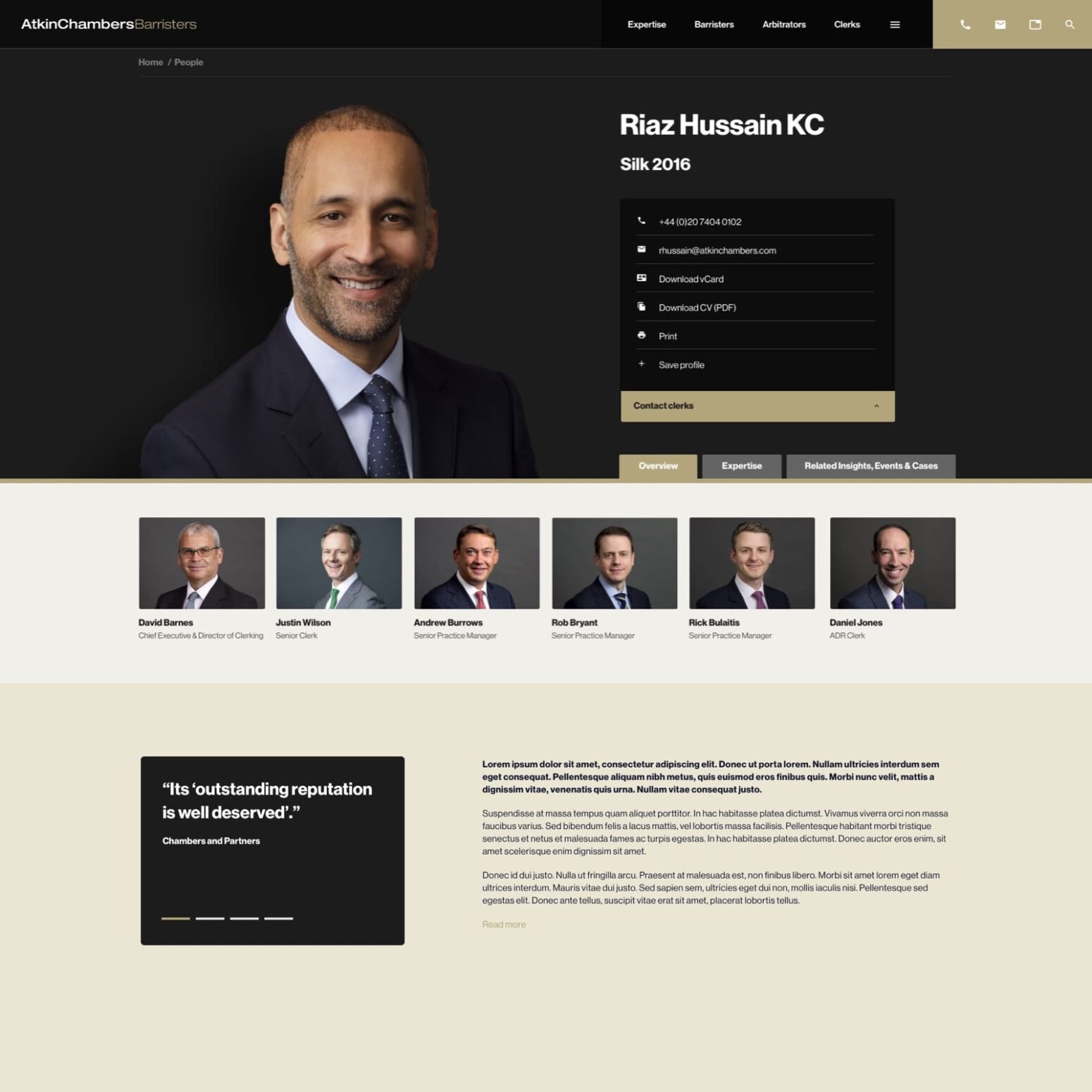 Atkin Chambers barrister page for Riaz Hussain KC showing his image on a black background alongside his contact information. Below are 6 smaller images of his colleagues