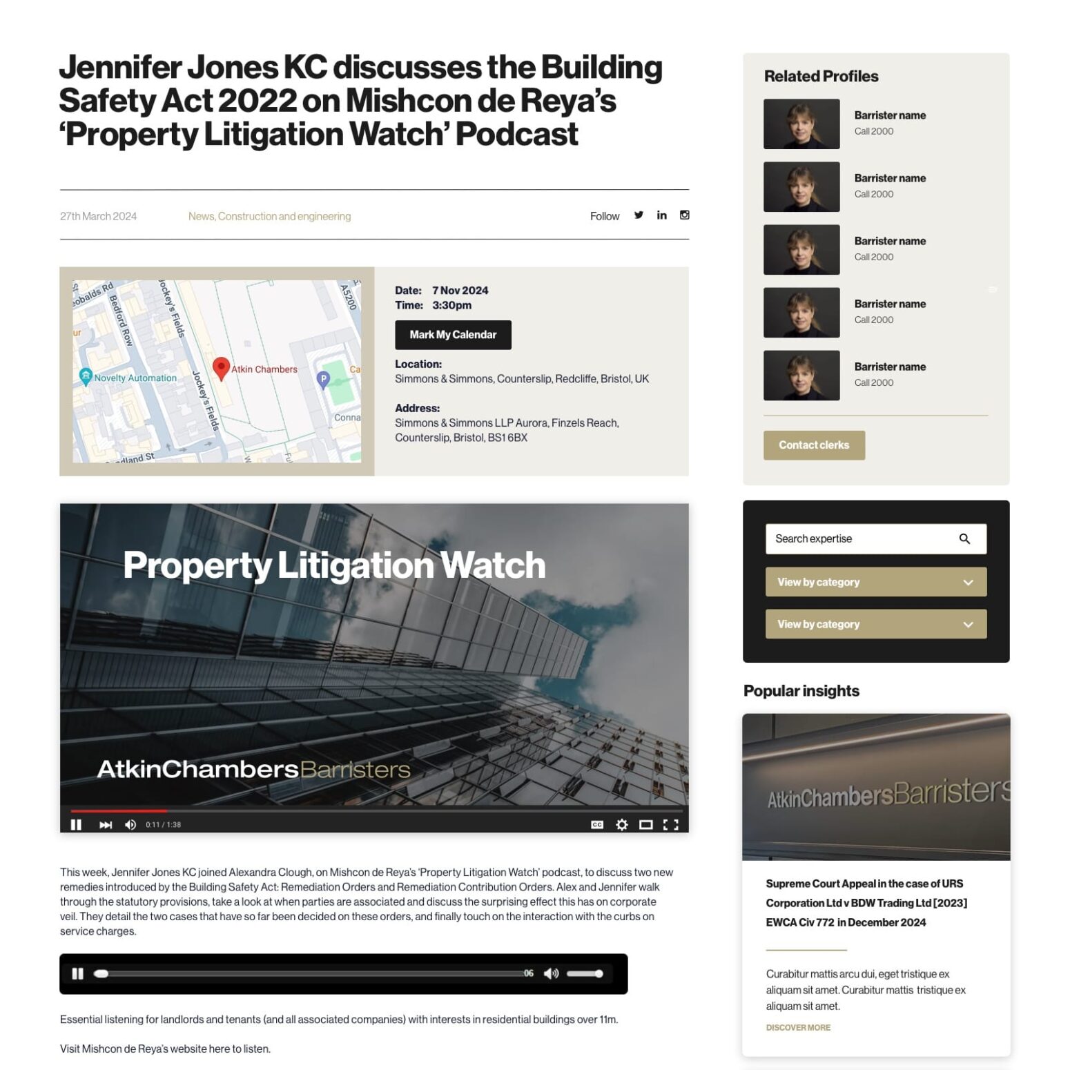 Atkin Chambers website image of a podcast post showing time, date and location details.