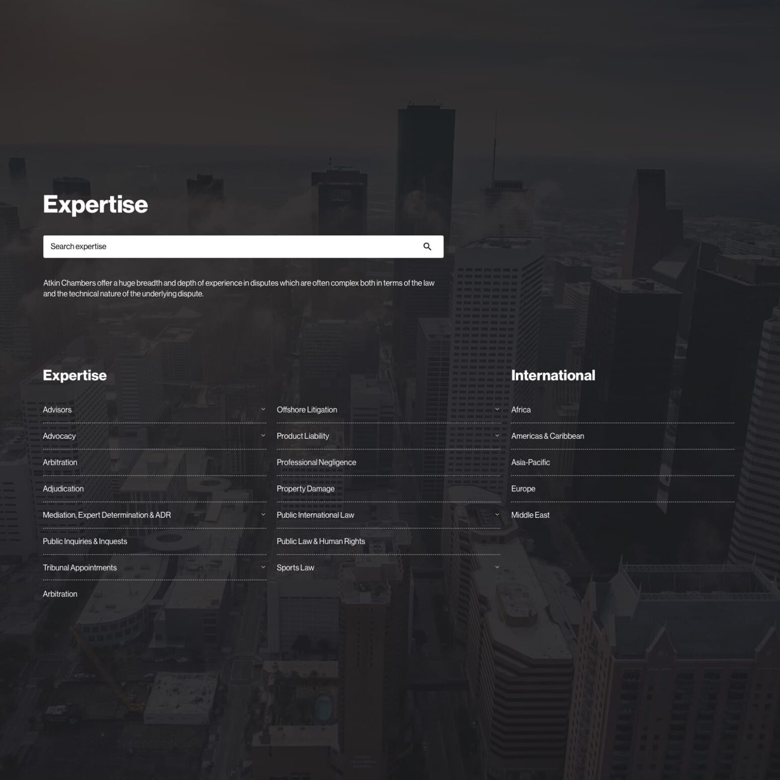 Atkin Chambers website expertise page in black with white text listing the expertise areas such as Advisors, ADR, Public inquires & inquests and Sports Law