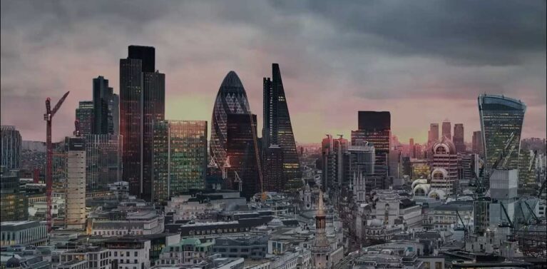 Atkin Chambers website image of the London skyline with the sunsetting behind