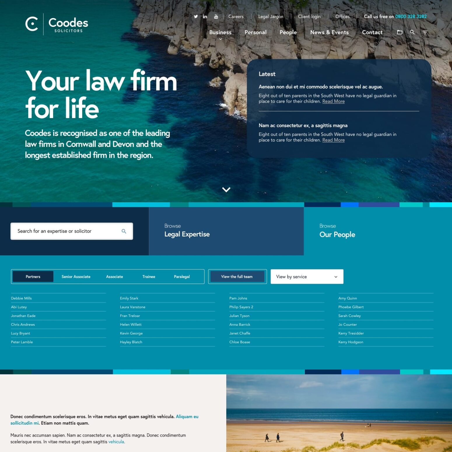 This image shows the a page of Coodes Solicitors website featuring a scenic coastal background with turquoise water. The main heading on the page reads "Your law firm for life". Below this are lots of legal expertise areas listed across 4 coloums