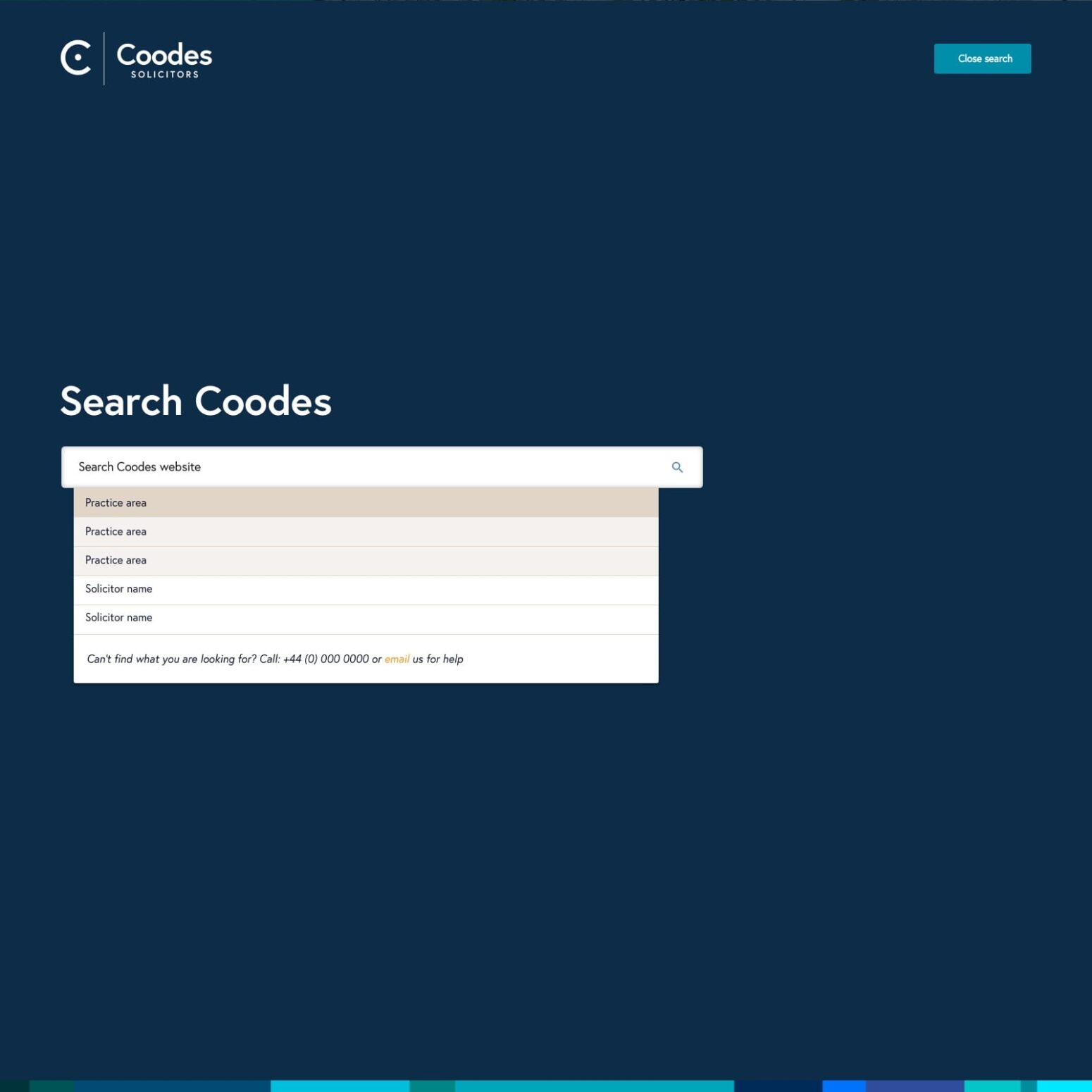 This image shows the search bar section of the website. A white search bar sits in the middle of a navy background, with the wording 'Search Coodes' above the bar.