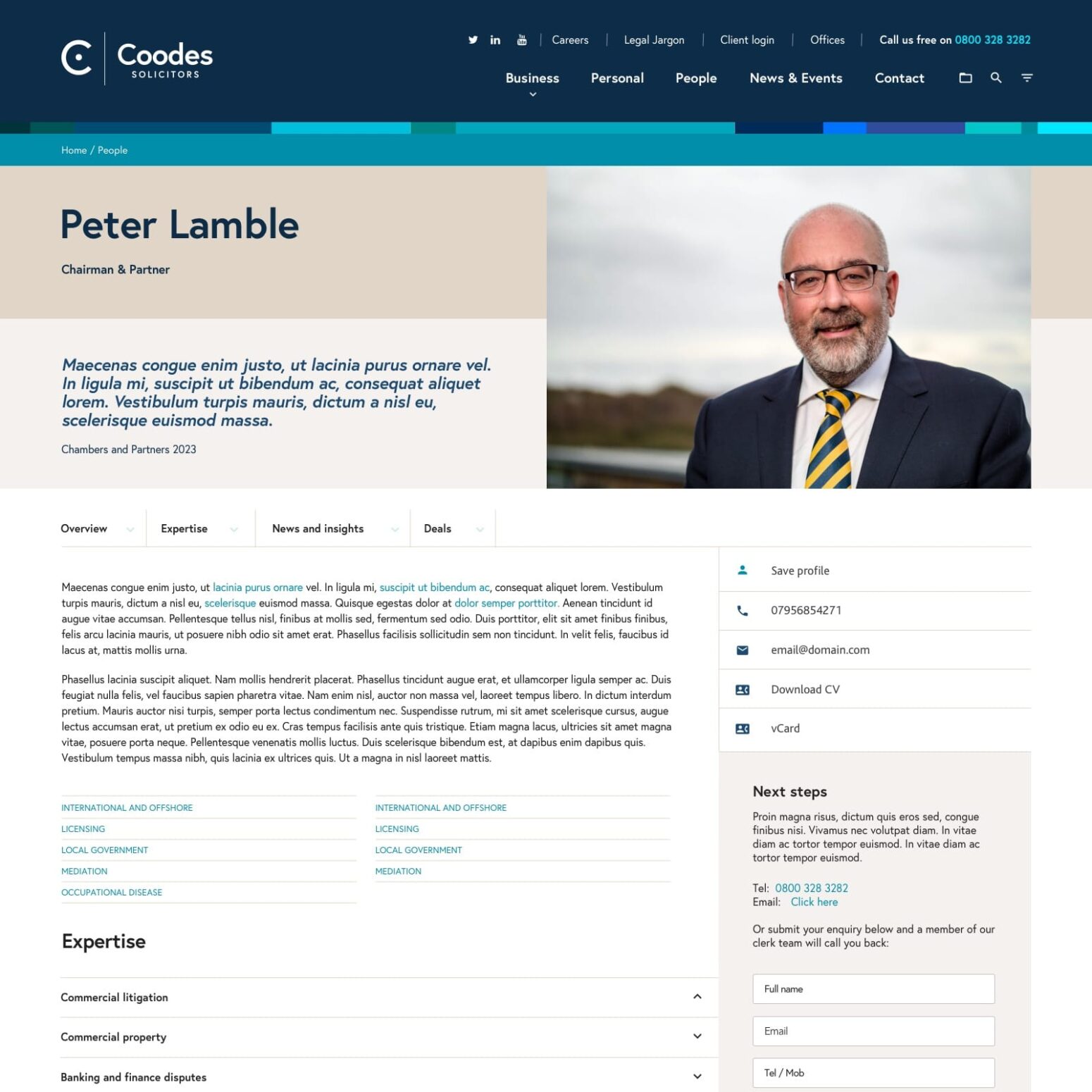 A page from people section on the Coodes website. This image shows Peter Lamble's page with a photo to the right and some more detailed information and expertise areas below