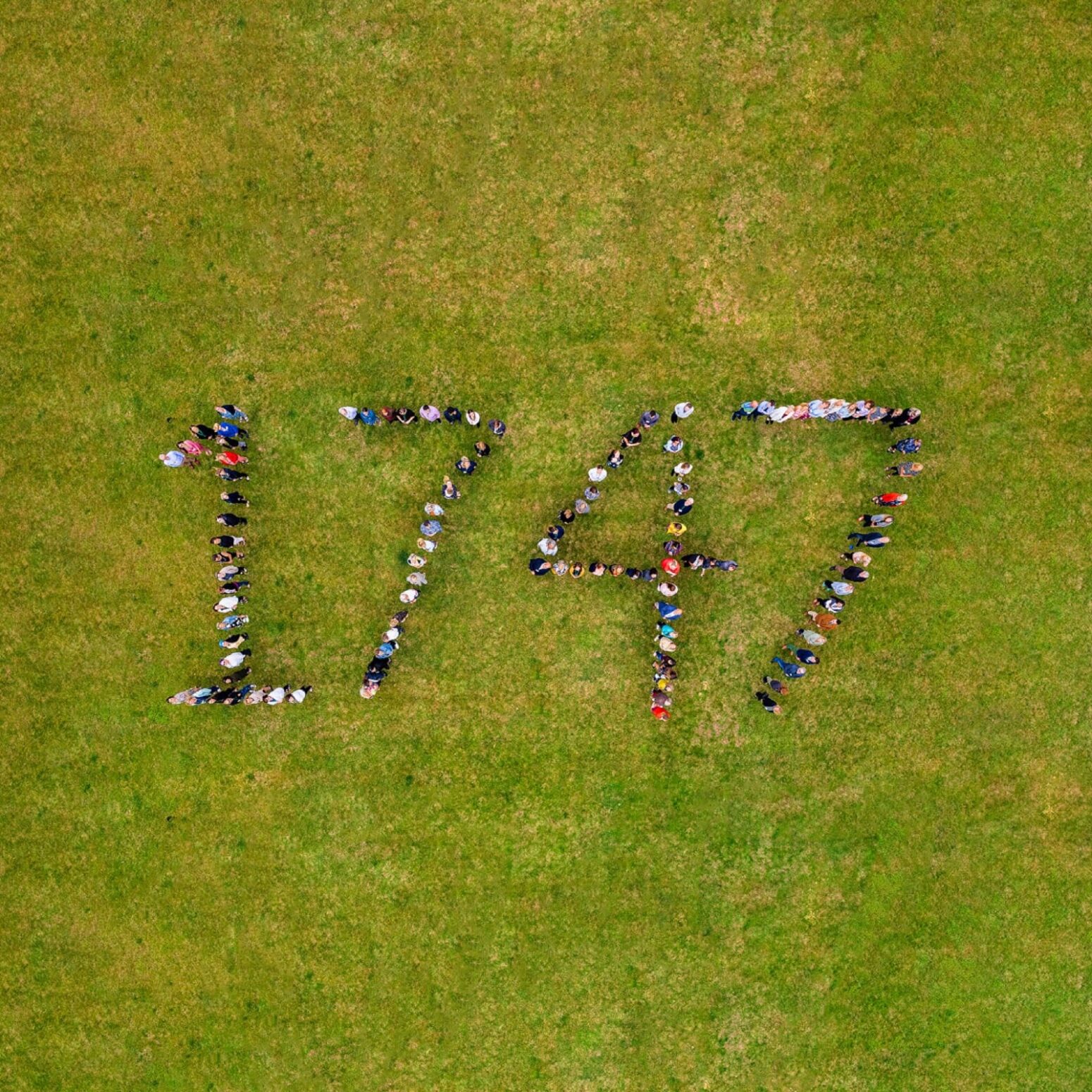 An image of a large grassed area showing lots of people standing in lines to form the number 1747