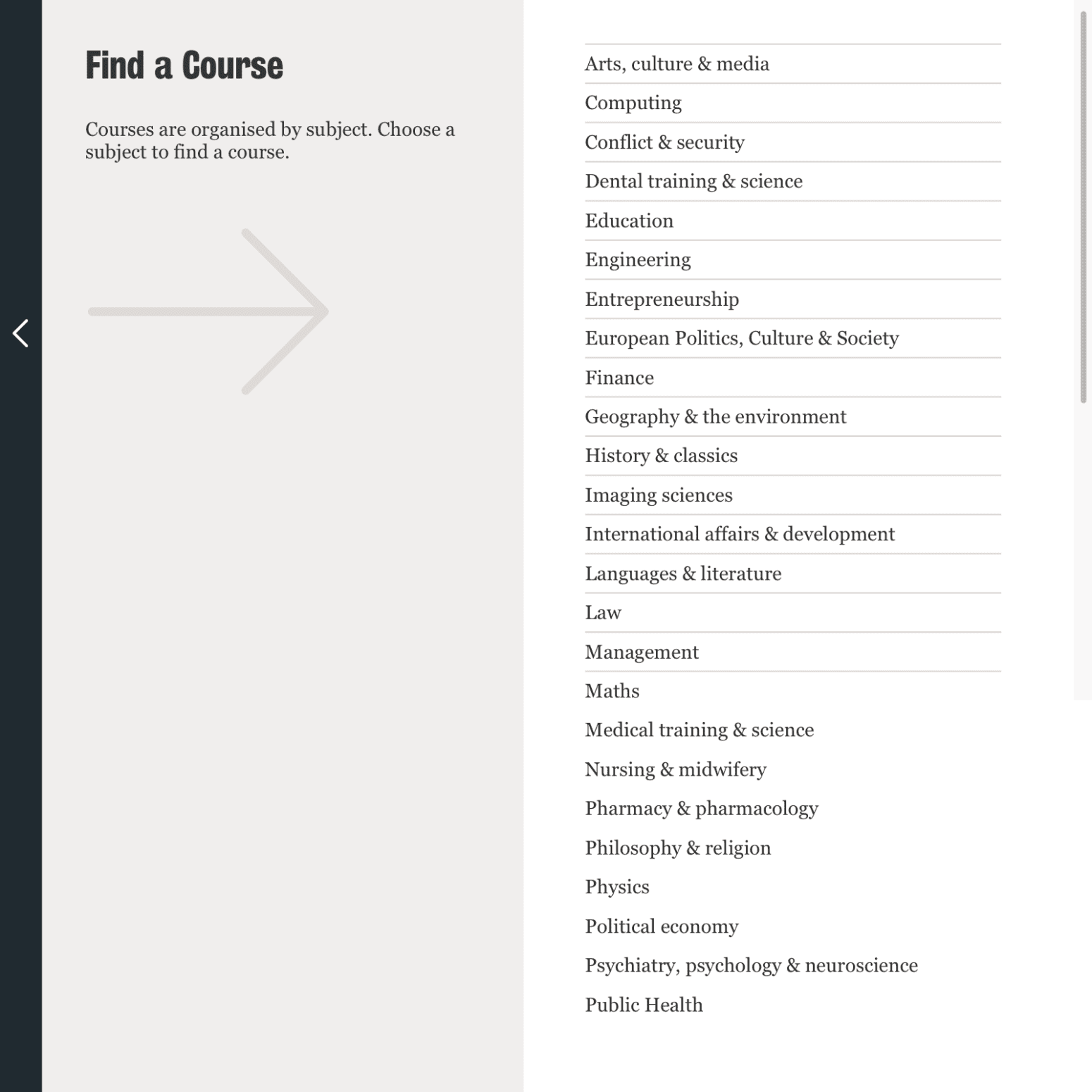 Kings college website screenshot of finding course menu