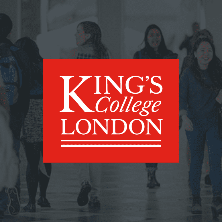 Kings college logo in red with white text sits over a background of students walking through a walkway.