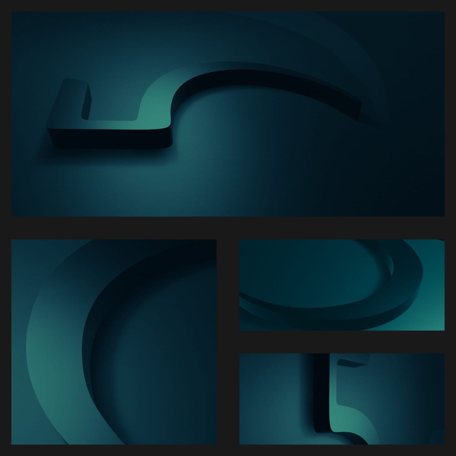 Collage of dark teal 3D shapes forming partial curves and geometric elements, displayed in a grid layout with soft lighting and shadows to create depth and a sculptural effect