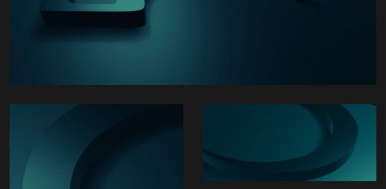 Collage of dark teal 3D shapes forming partial curves and geometric elements, displayed in a grid layout with soft lighting and shadows to create depth and a sculptural effect