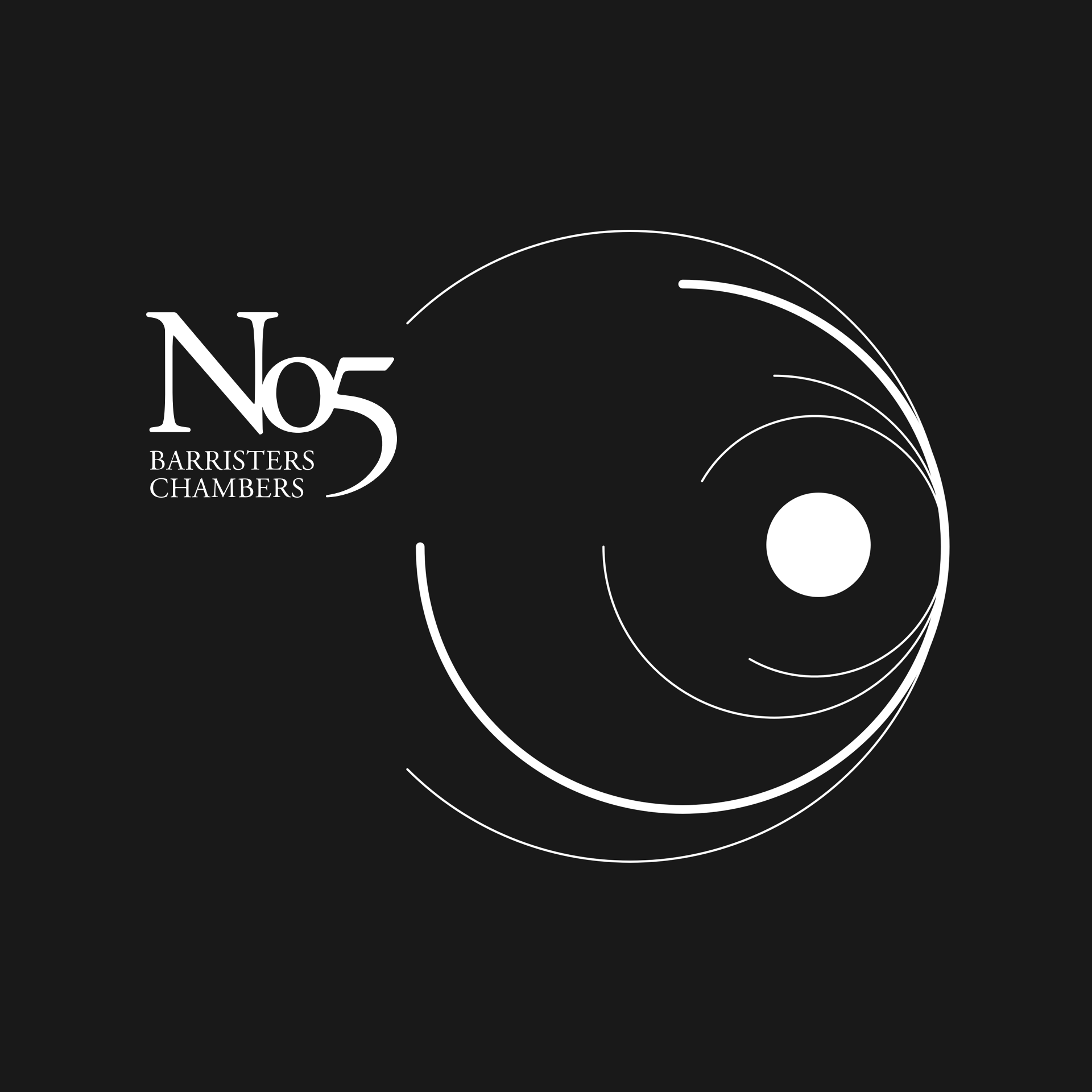 Logo of No5 Barristers Chambers featuring the text 'No5 BARRISTERS CHAMBERS' in white on a black background. The logo includes a distinctive circular design with curved lines and a white dot, creating an abstract eye-like or spiral pattern to the right of the text