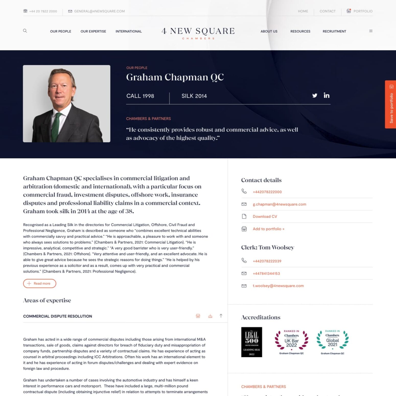 This image if from the 4 New square barrister page of the website. Its shows the image and contact information of Graham Chapman QC with what he specialises in and his key areas of expertise