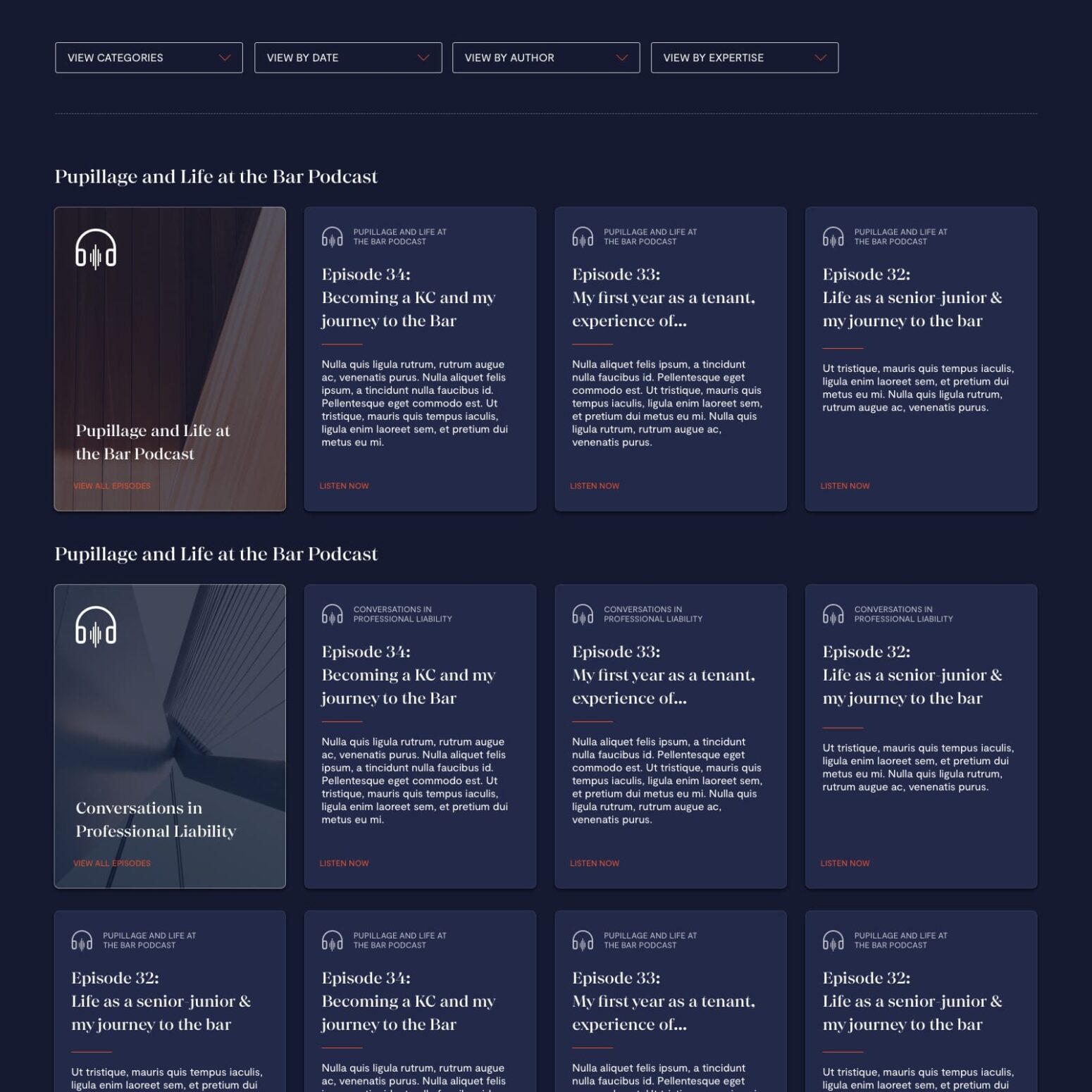 4 new square website page for the pupillage and life at the bar podcast. This page shows recent podcast episodes on a navy blue background.
