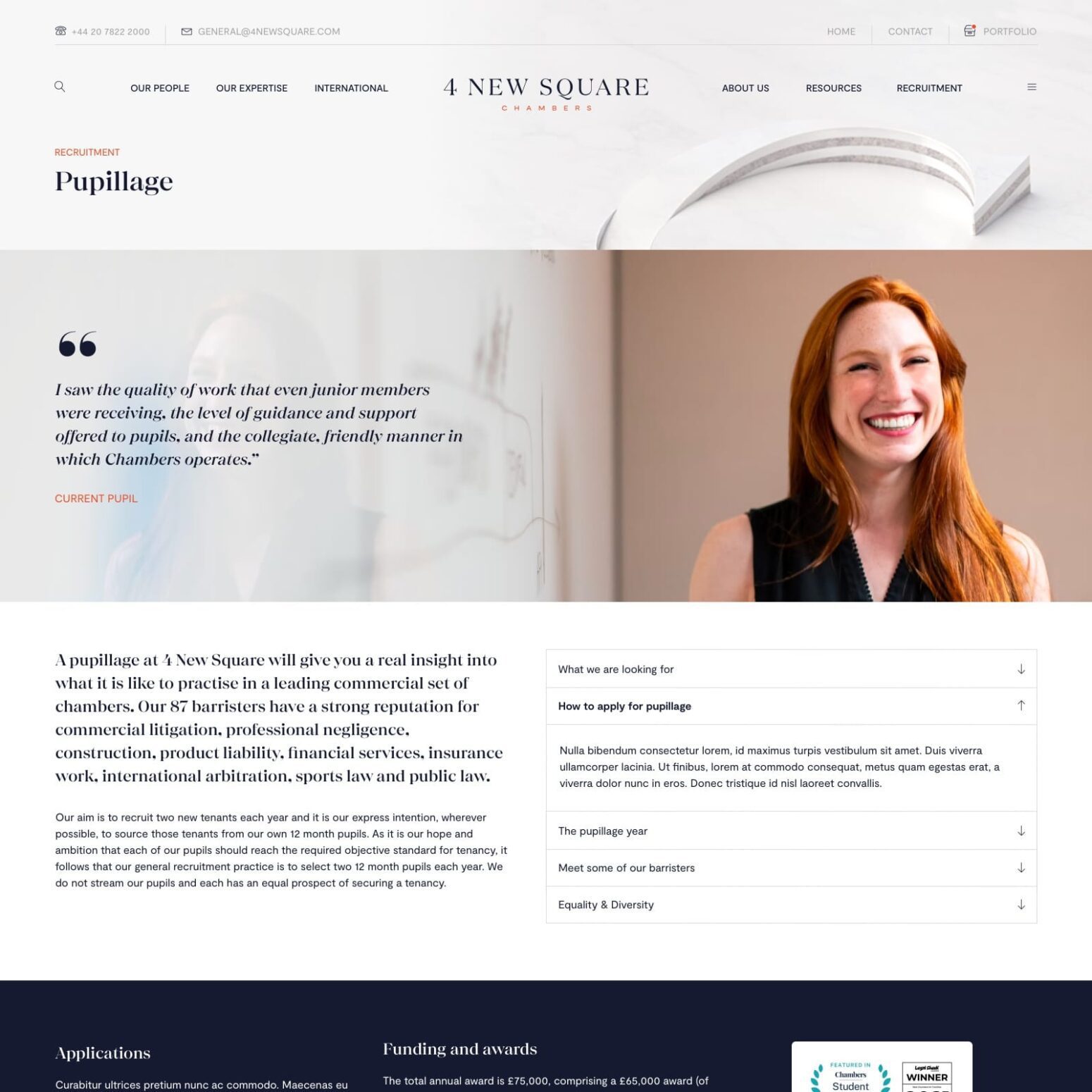 4 new square pupillage page showing an image of a smiling lady next to a quote from a current pupil. Below is some information and FAQs about what its like to practice in leading set of commercial chambers