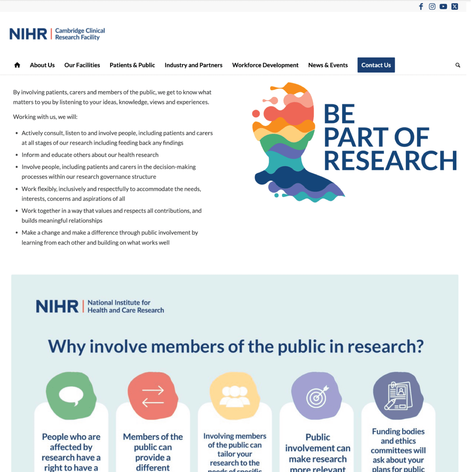 Image of the Cambridge Clinical Research Facility website telling readers how, and why, they can be involved in the research.