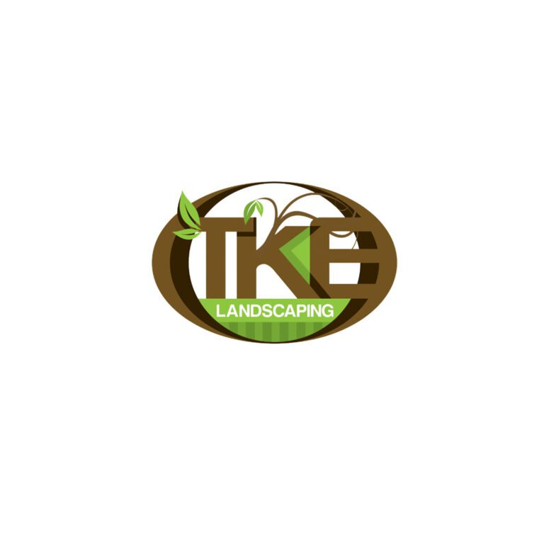 The image shows a logo for "TKE Landscaping." The design features the letters "TKE" in brown, positioned within an oval-shaped brown border. Green leaves are incorporated into the design, sprouting from the left side and creating decorative elements that suggest plant growth.