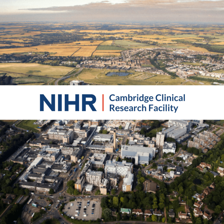 2 ariel shots of the Cambridge Clinical Research Facility with the NIHR branding through the middle section