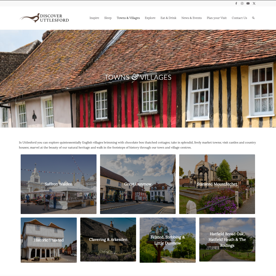 Image of the Discover Uttlesford website with images of Saffron Walden, Great Dunmow, Stansted Mountfitchet and Thaxted etc