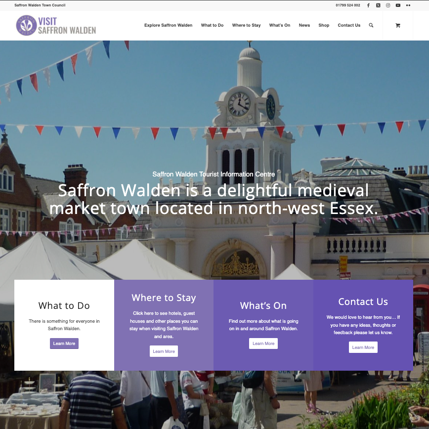 Photo of Saffron Walden with 4 click through boxes showing ;what to do', 'where to stay', 'whats on' and 'contact us'