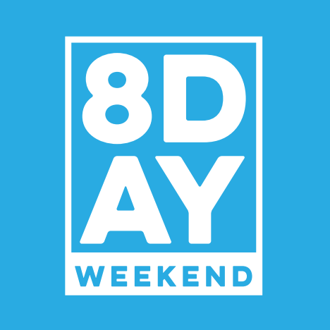 8 Day weekend logo with white text on a blue background. The number 8 and letter D sit above the letters A and Y, within a white square box. The word weekend sits underneath in blue text on a white background.