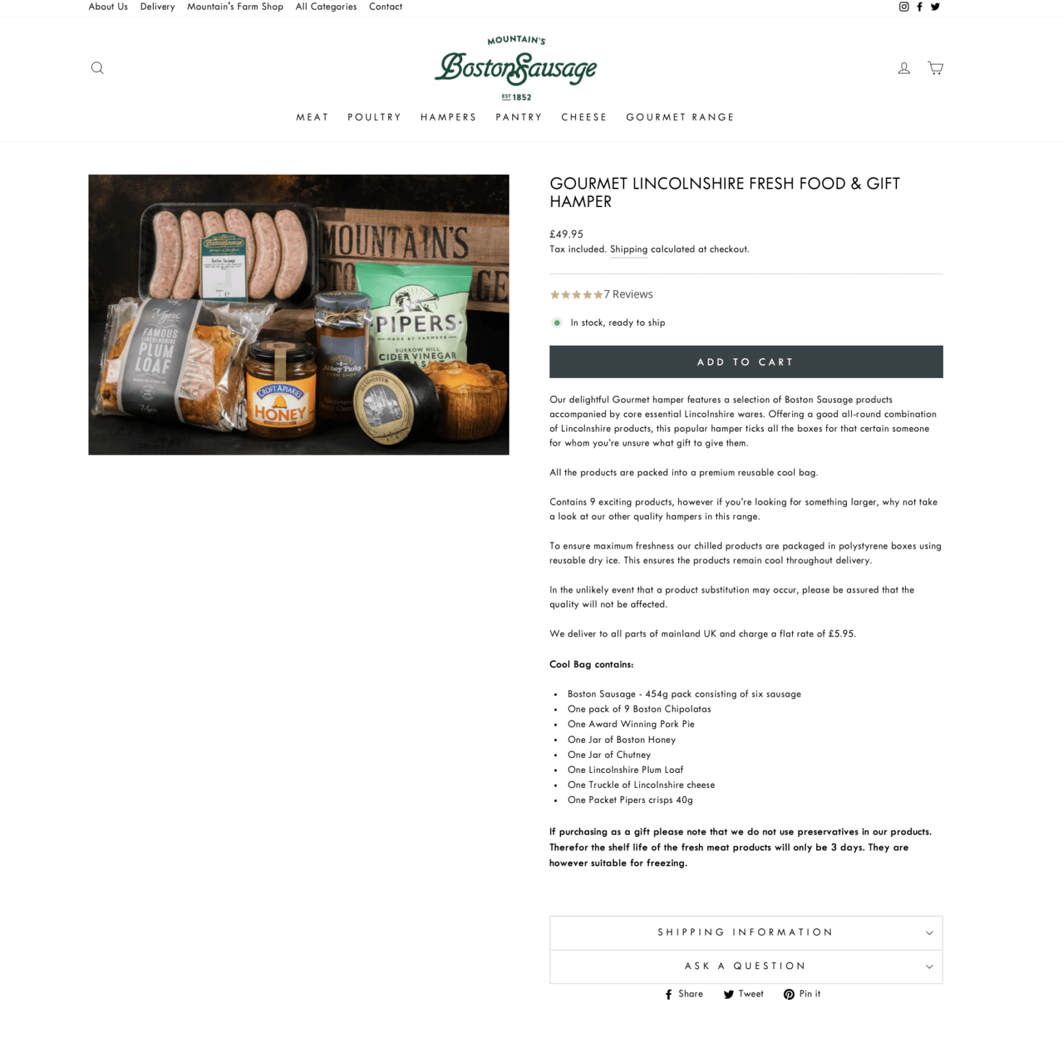 Image showing some of Boston Sausage's produce, with a text description of what the cool bag contains and price information.