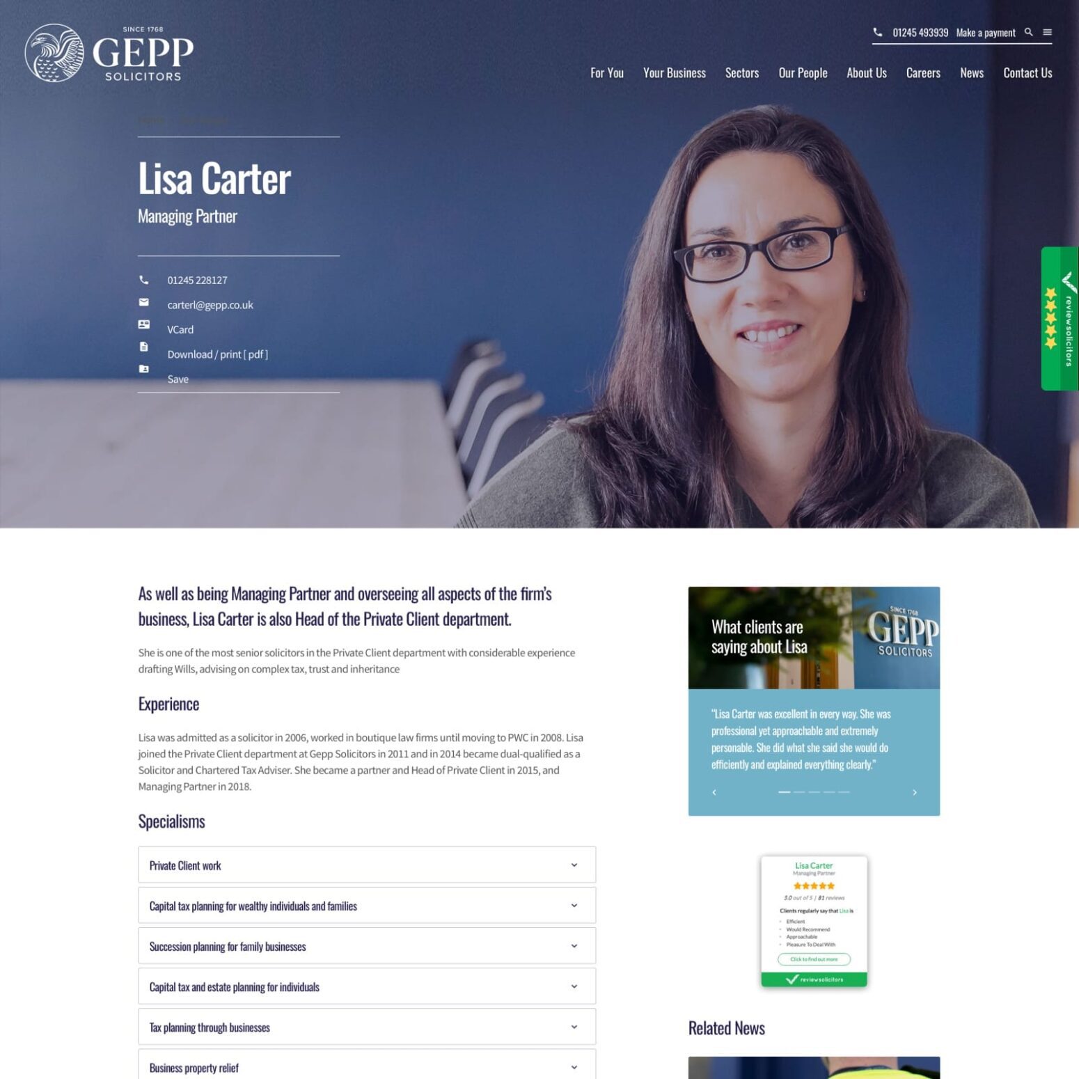 Image of Lisa Carters bio page - Gepp Solicitors Website