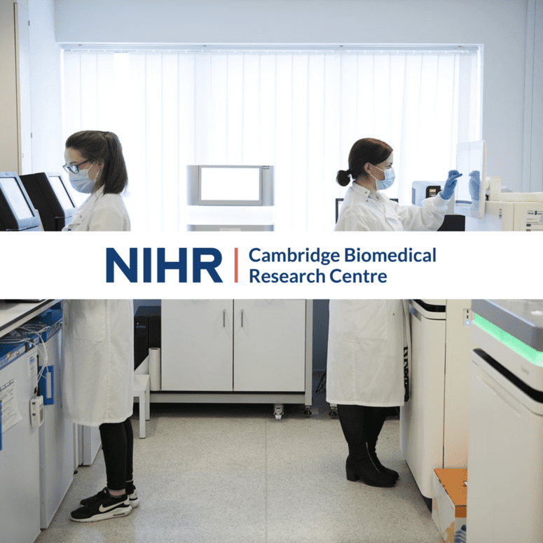 NIHR Cambridge Biomedical Research Centre banner across an image of two ladies working in a lab