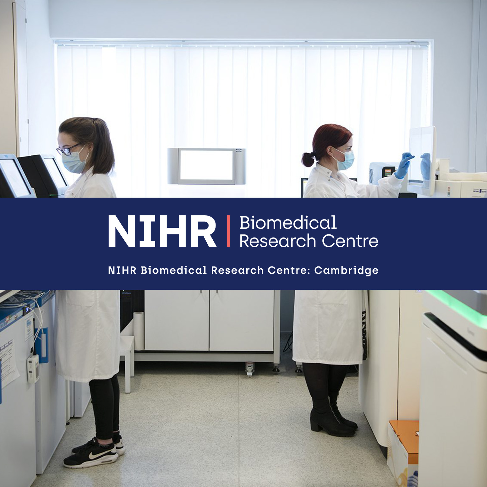 NIHR Cambridge Biomedical Research Centre banner across an image of two ladies working in a lab