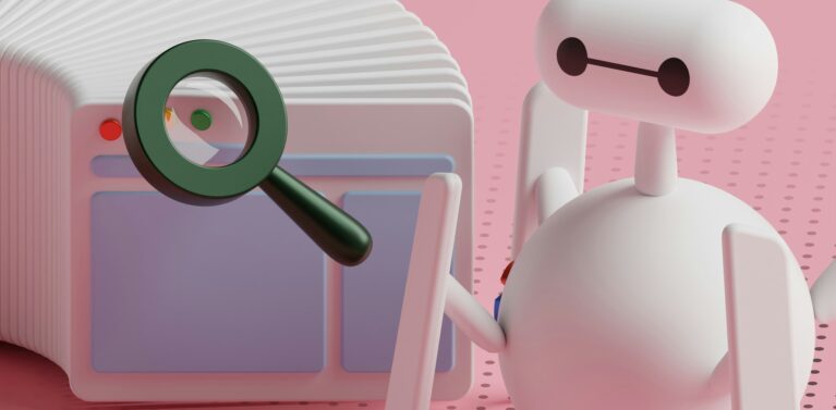 image of a white robot looking through a green magnifying glass at search tabs